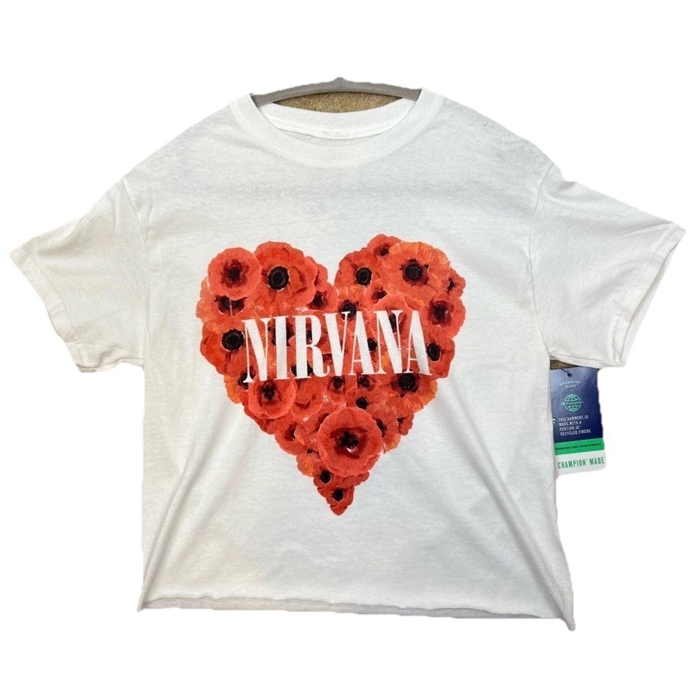 Champion White Crop‎ Top with Red Poppy Heart and White Nirvana Logo
